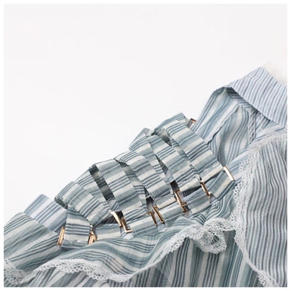 Blue Stripe Sheer Ruffle Runway Top - Picture 5 of 8